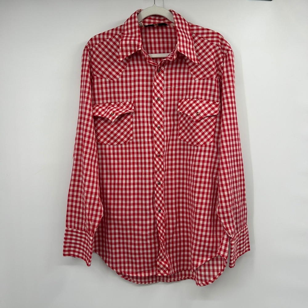 Vintage Sears Western Wear Red Gingham Pearl Snap Shirt Mens Large 16-16.5